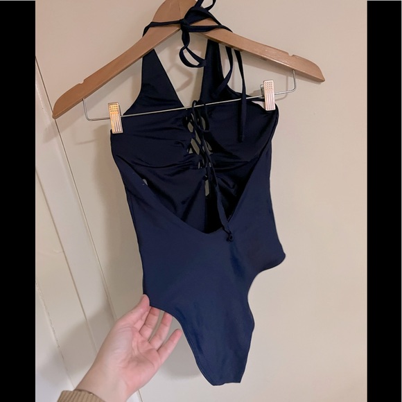 Aerie Navy blue lace up front one piece halter swimsuit size S - Picture 3 of 6